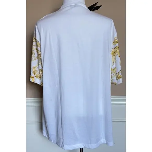 Versace Leafy Print Cotton Jersey T-Shirt White & Gold 5XL 1021353 Italy NWT